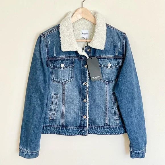 NEW Kensie Jeans Fur Lined Distressed Button Trucker Jacket Women’s Large - Picture 2 of 11